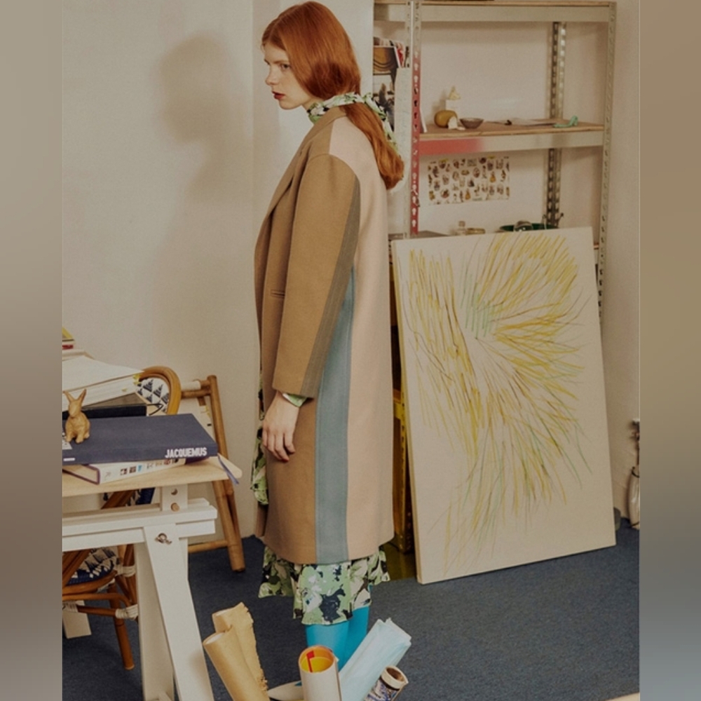 Wconcept Grey Yang Stylish Color Block Long Coat Korean Brand